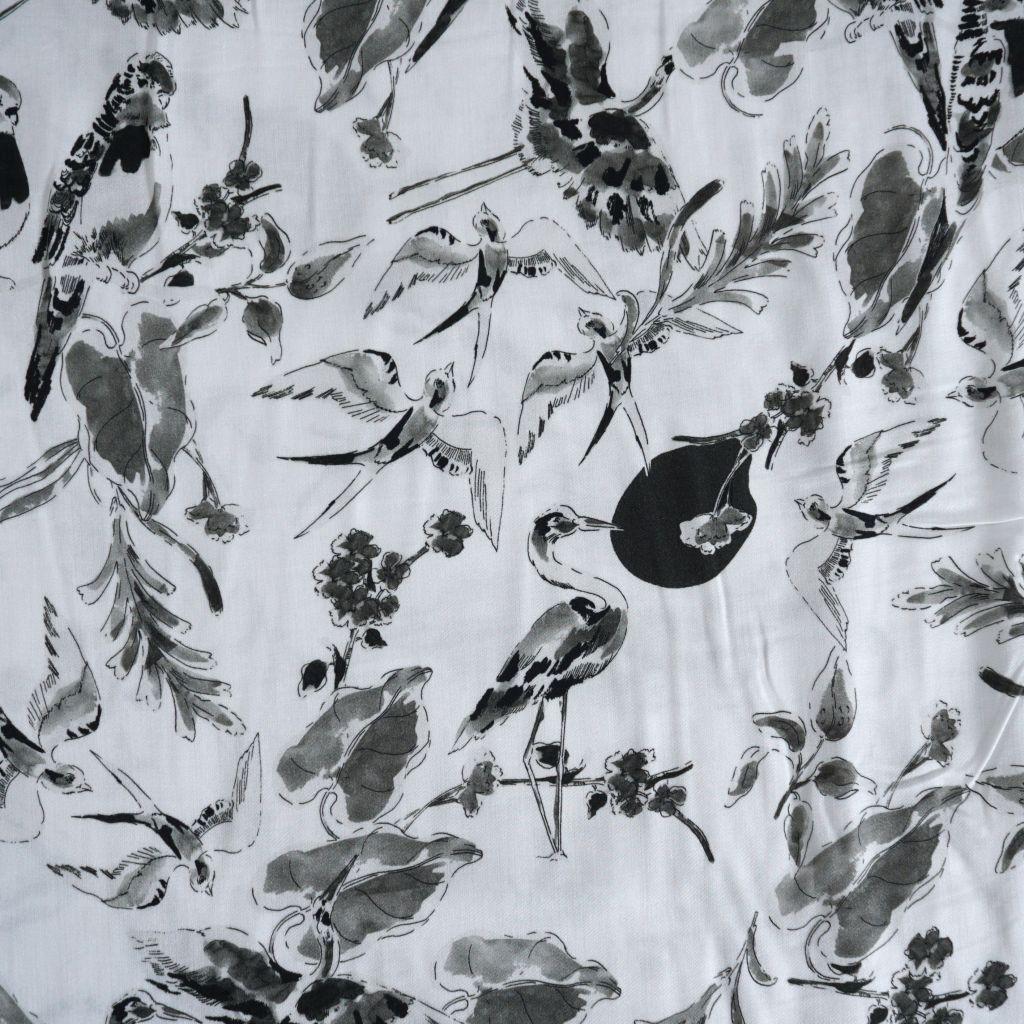 Viskose Druck Sittiche Kranich Zweige weiß grau